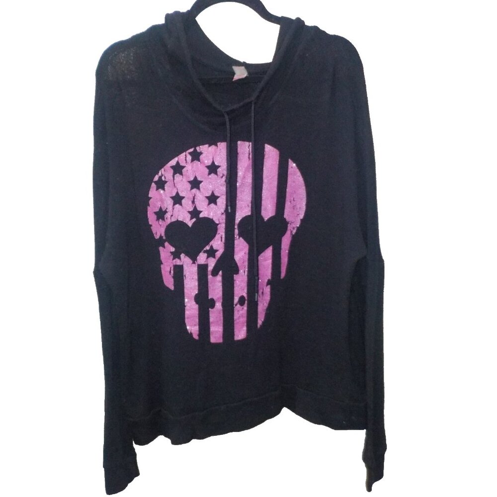 No Boundaries Sheer Hooded Sweater Skull Gothic Black/Pink Size 2XL/19 Shirt Top